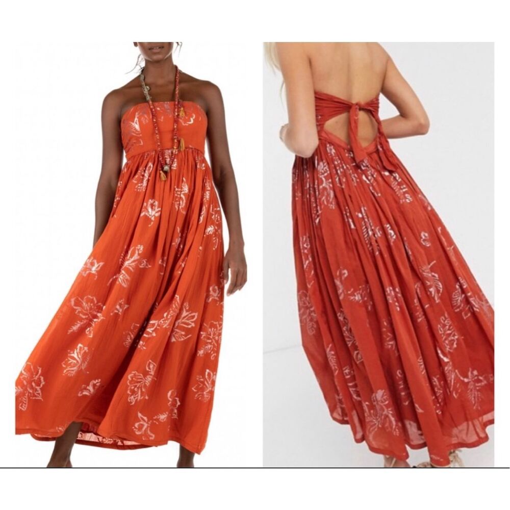 Free People Strapless Midi Dress XS Orange Florals - Picture 1 of 13